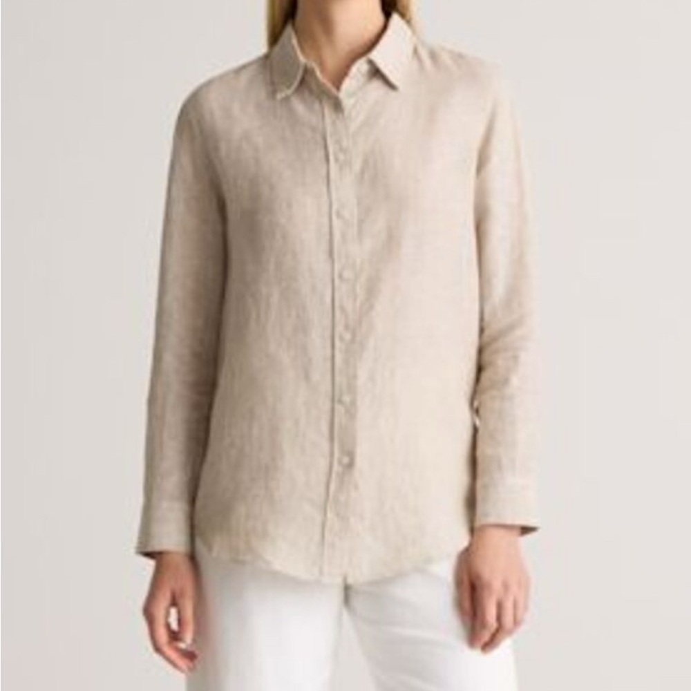 Quince 100% European Linen Long Sleeve Shirt Flax Tan Beige Natural Medium M